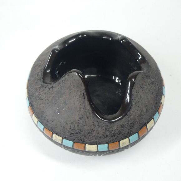 Black Ceramic Bowl Pot w/Blue Squares Geometric Signed Vtg MCM Blackware Native? - Picture 7 of 16